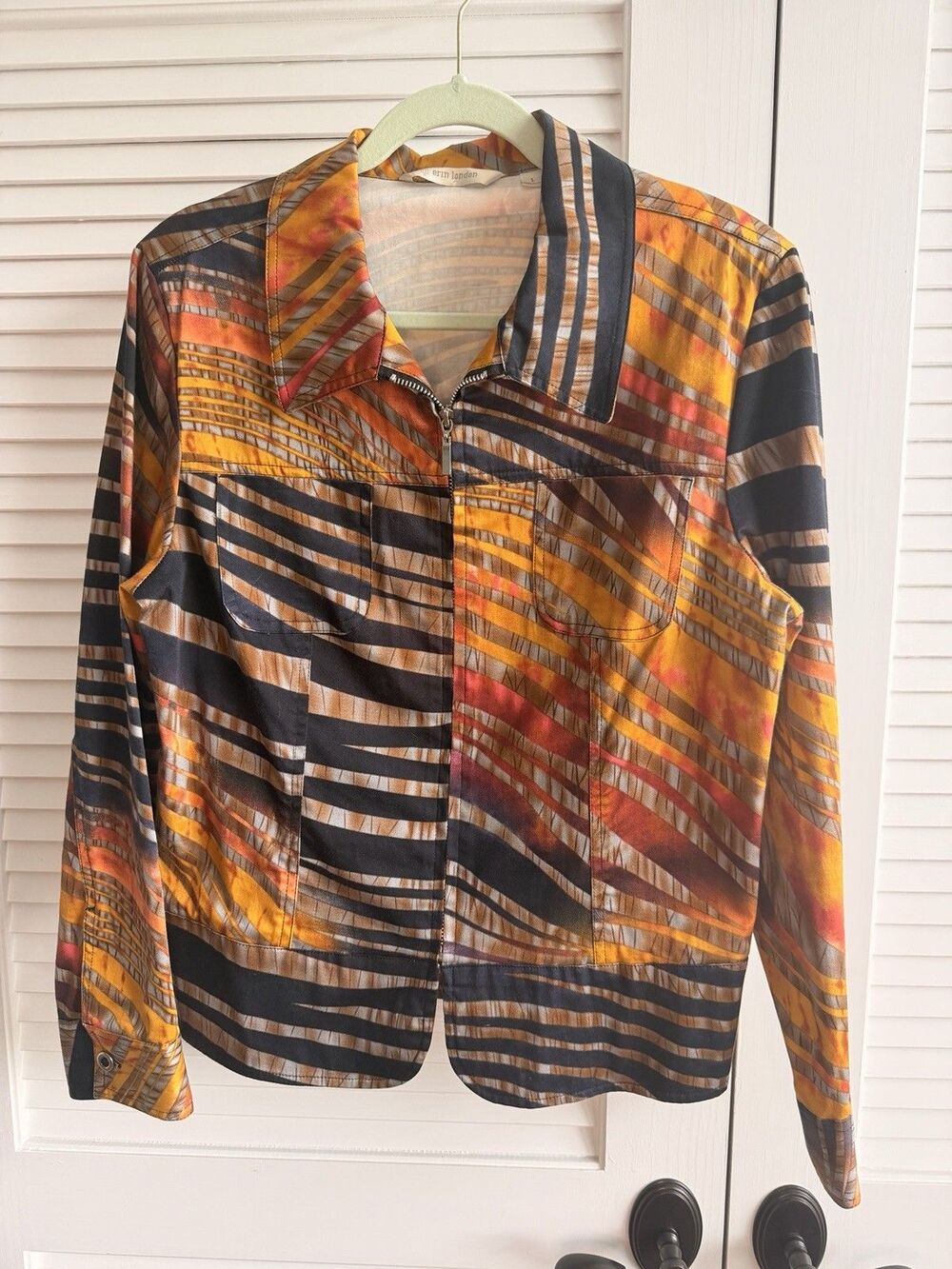 Erin London Jacket Womens L Abstract Geometric Retro 70s Zip Front Stretch